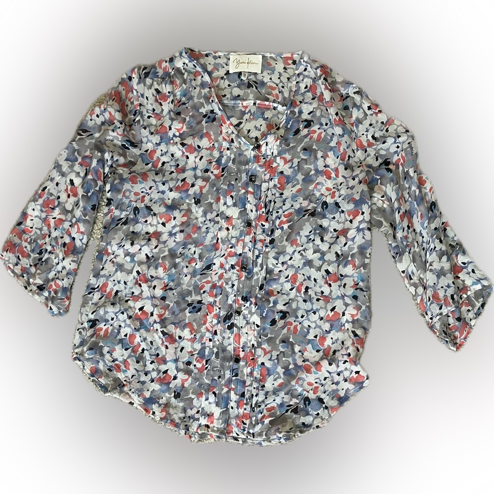 Yumi Kim Multicolor Floral 3/4 Sleeves Silk Sheer Blouse Size M